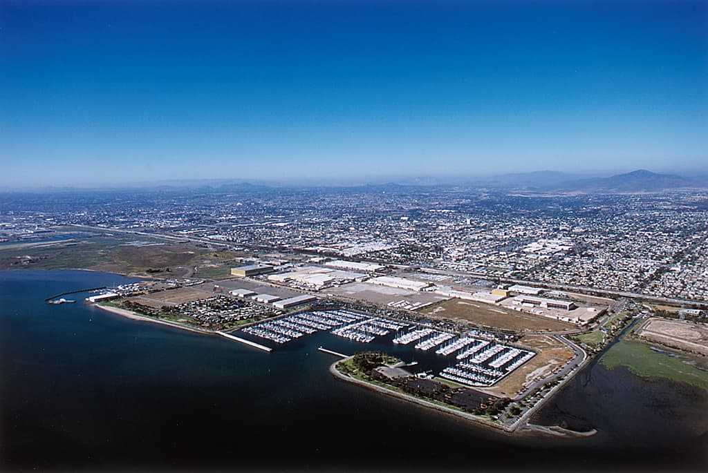 Aerial view of the Chula Vista Bayfront marina on San Diego Bay