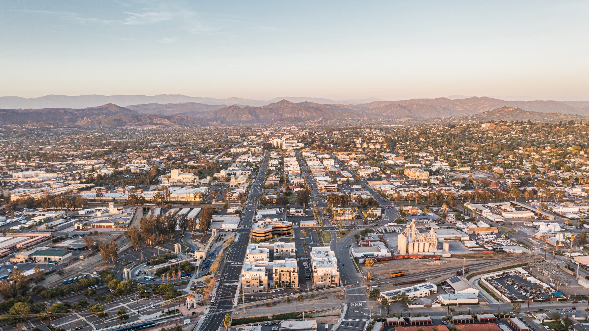 Sunset aerial view of downtown Escondido in North County San Diego