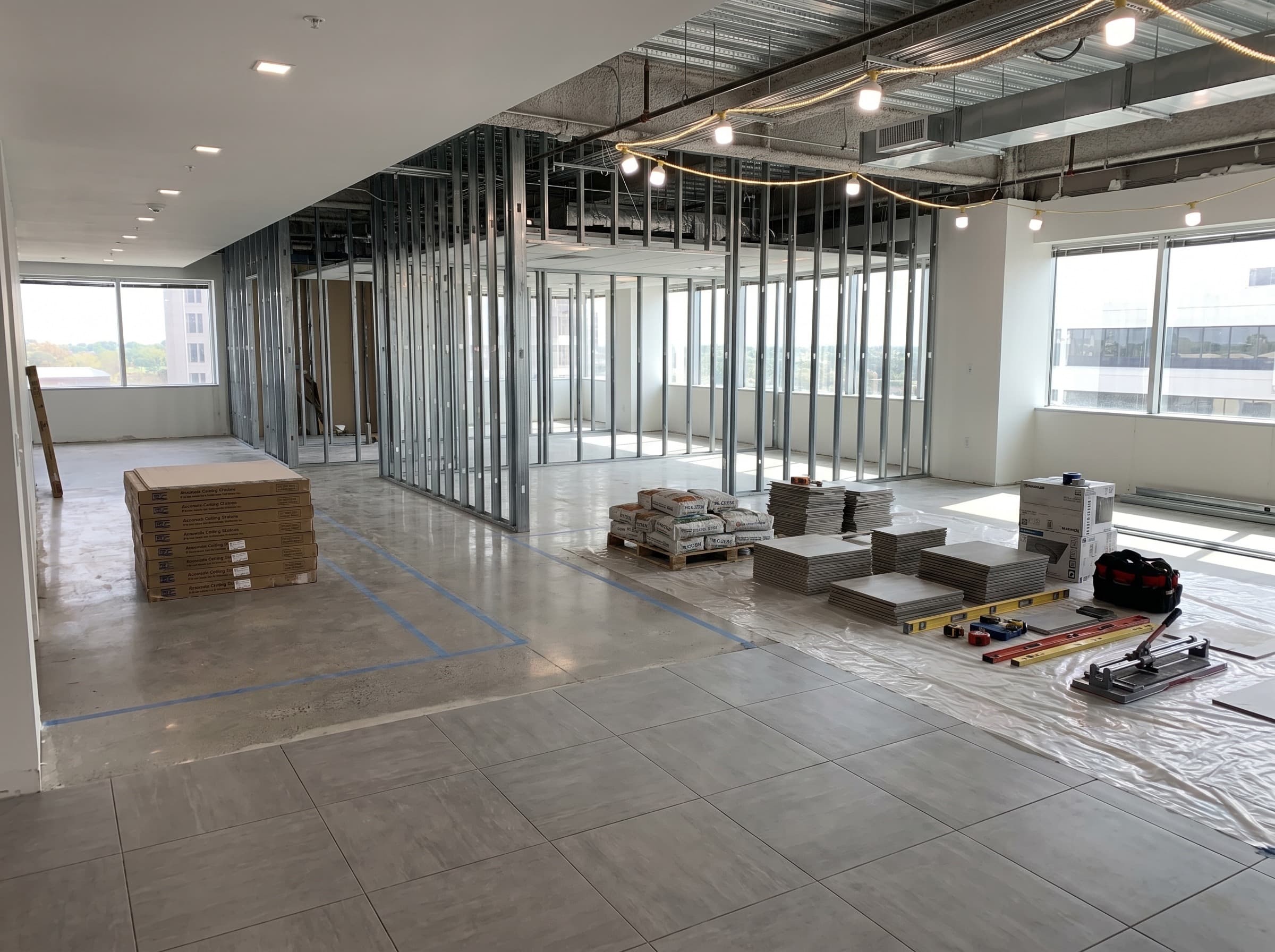 Commercial tenant improvement build-out with tile and finish work