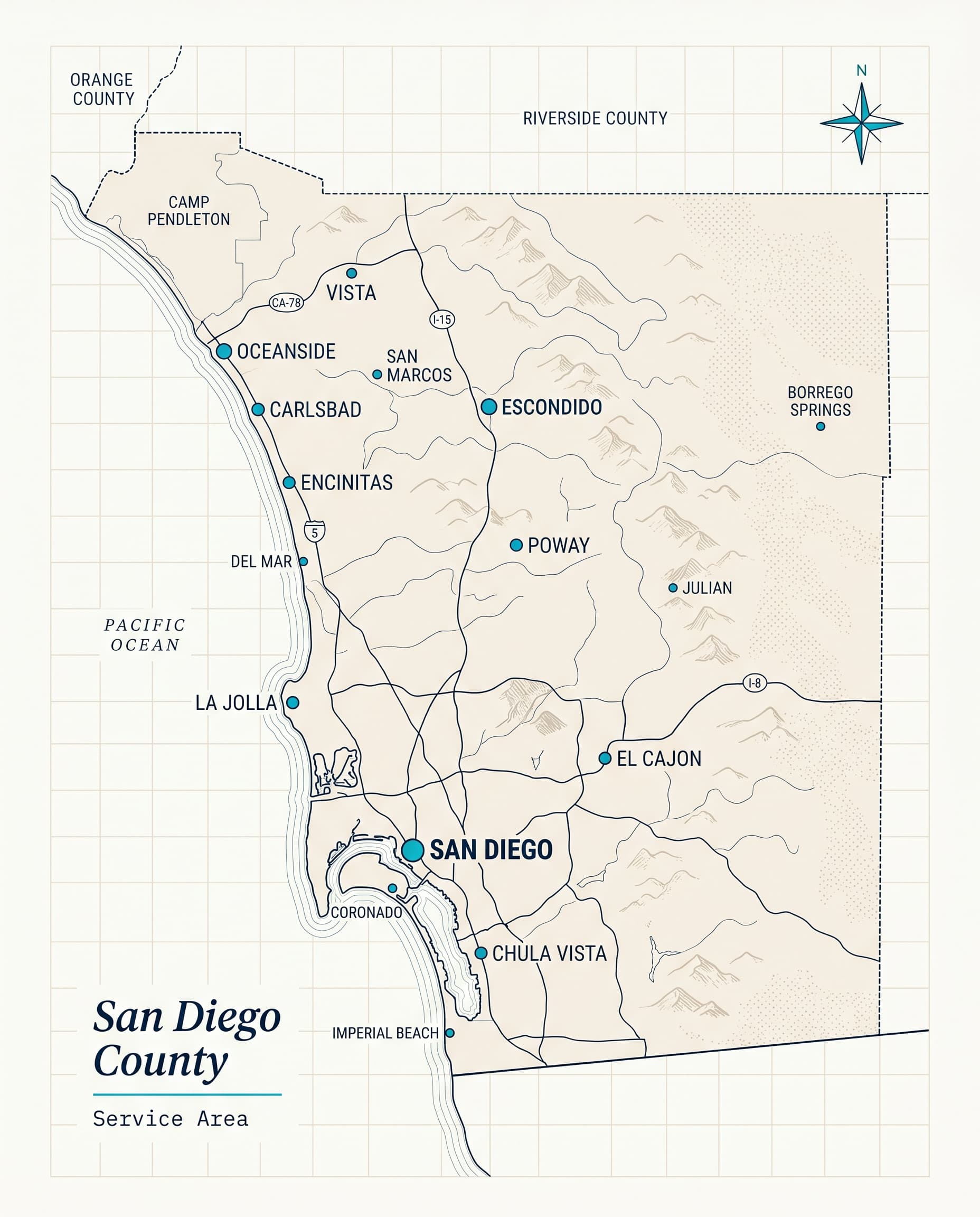 Illustrated map of San Diego County marking the cities and freeway corridors SC Tile & Surfaces serves.