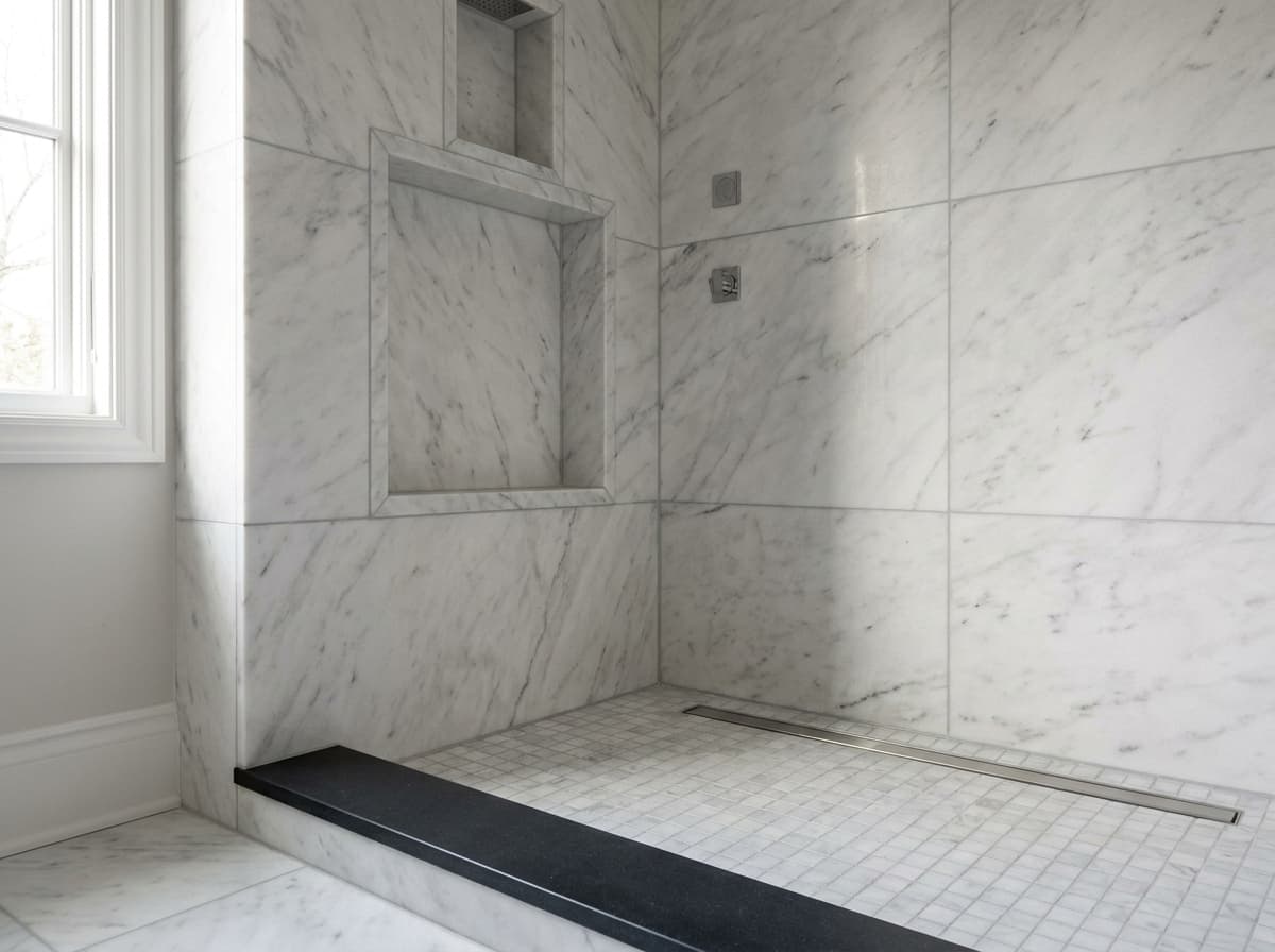 Residential bathroom with layered tile and stone work