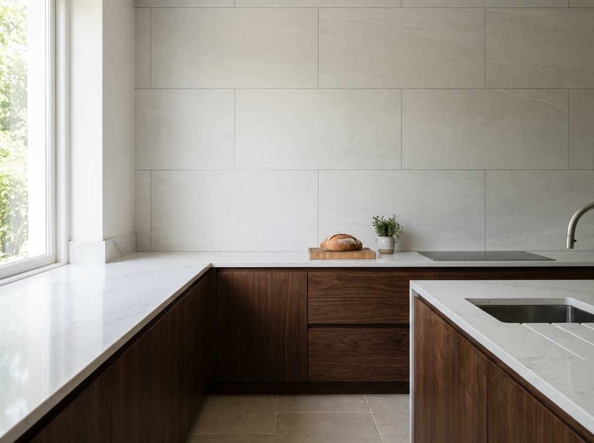 Residential kitchen stone countertop with coordinated tile