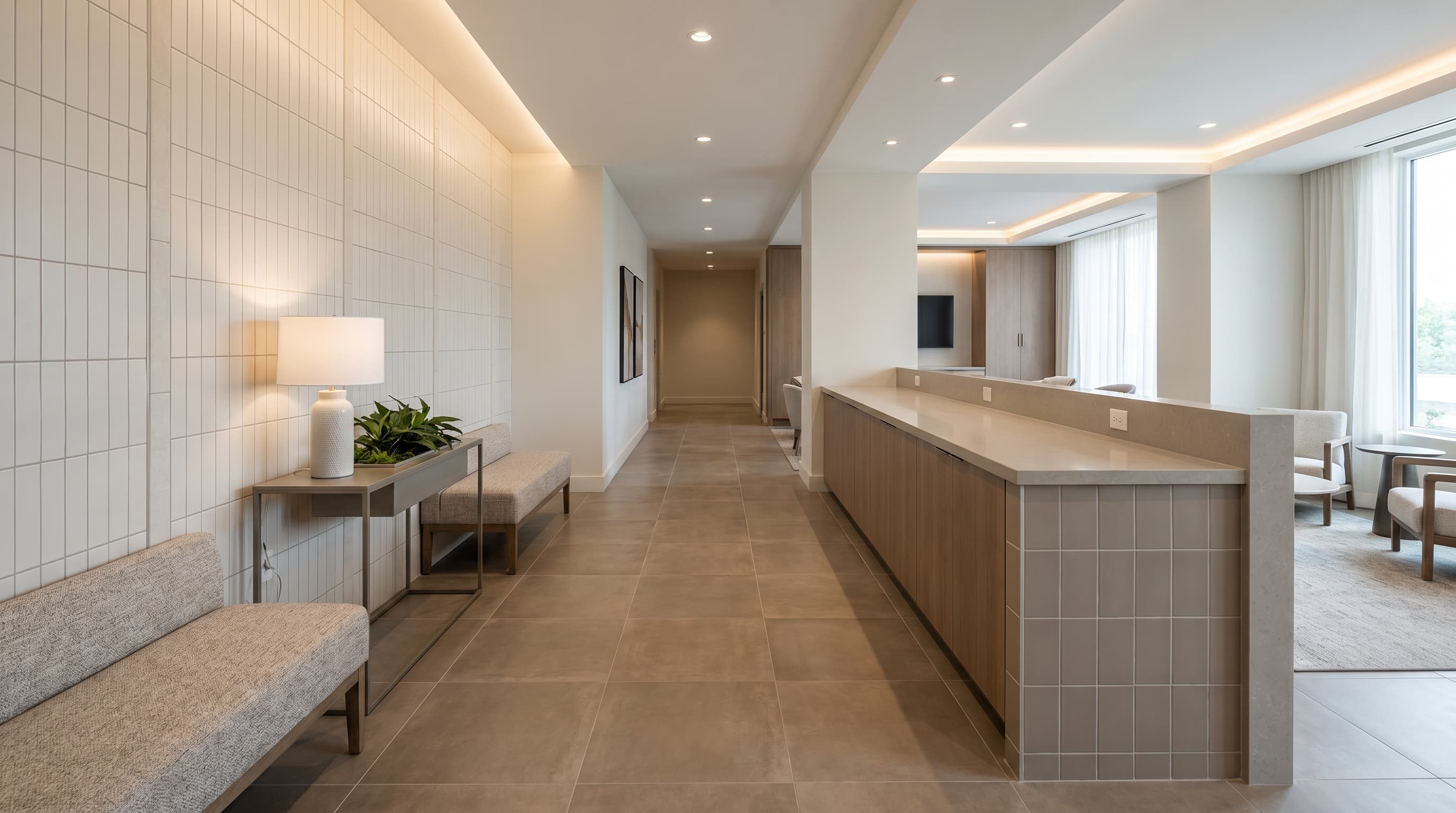 Commercial interior or multifamily amenity with consistent tile and surface finish