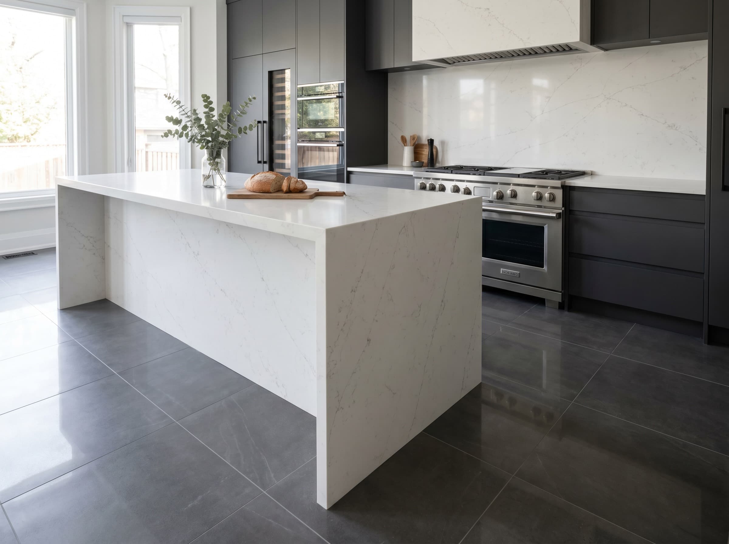 Warm residential interior with layered tile and stone detail
