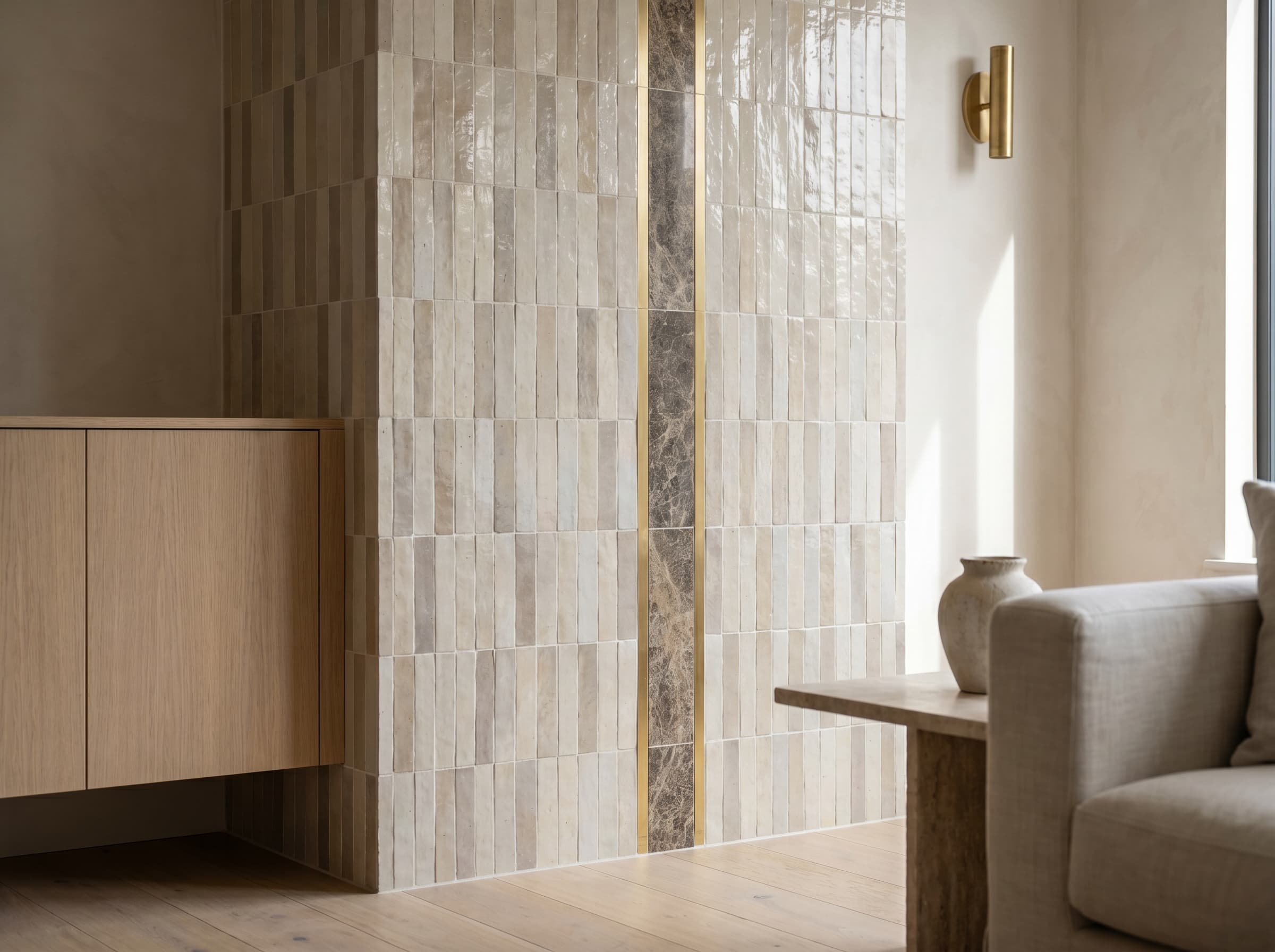 Close-up of custom tile pattern and handcrafted detail in a design-forward interior