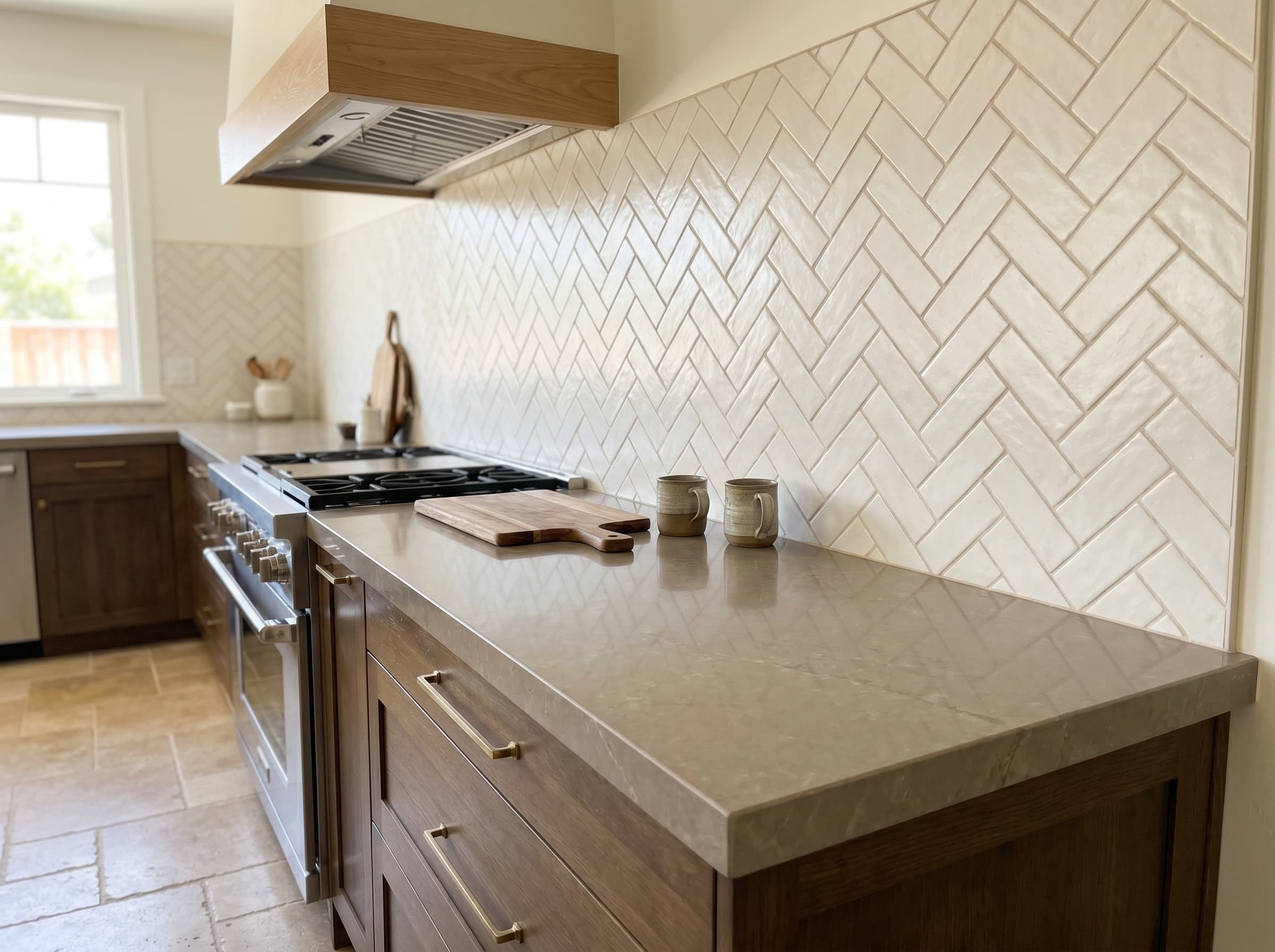 Finished kitchen showing backsplash, stone counter, and clean tile transitions