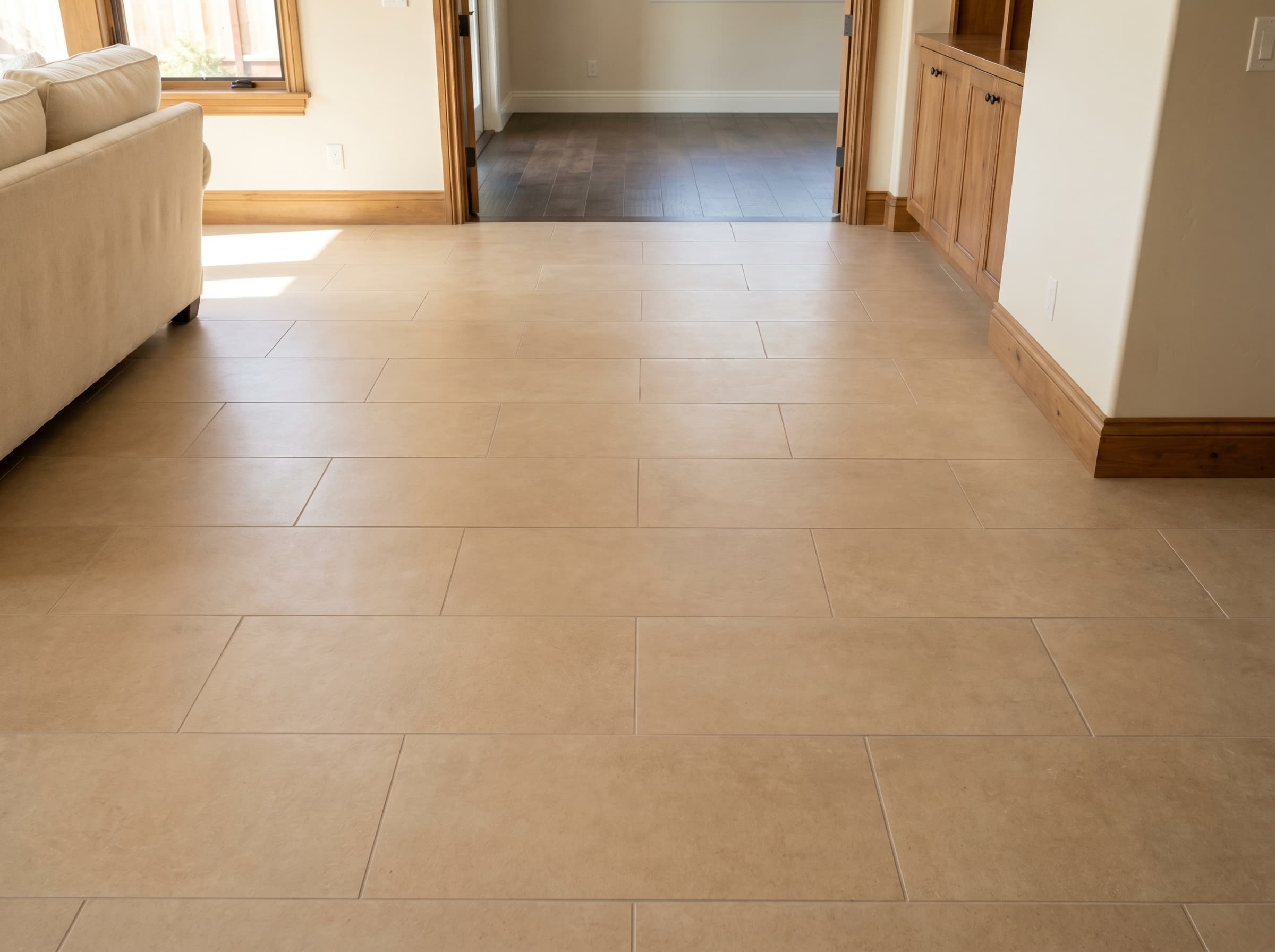 Large-format tile flooring in open-concept living space with clean transitions