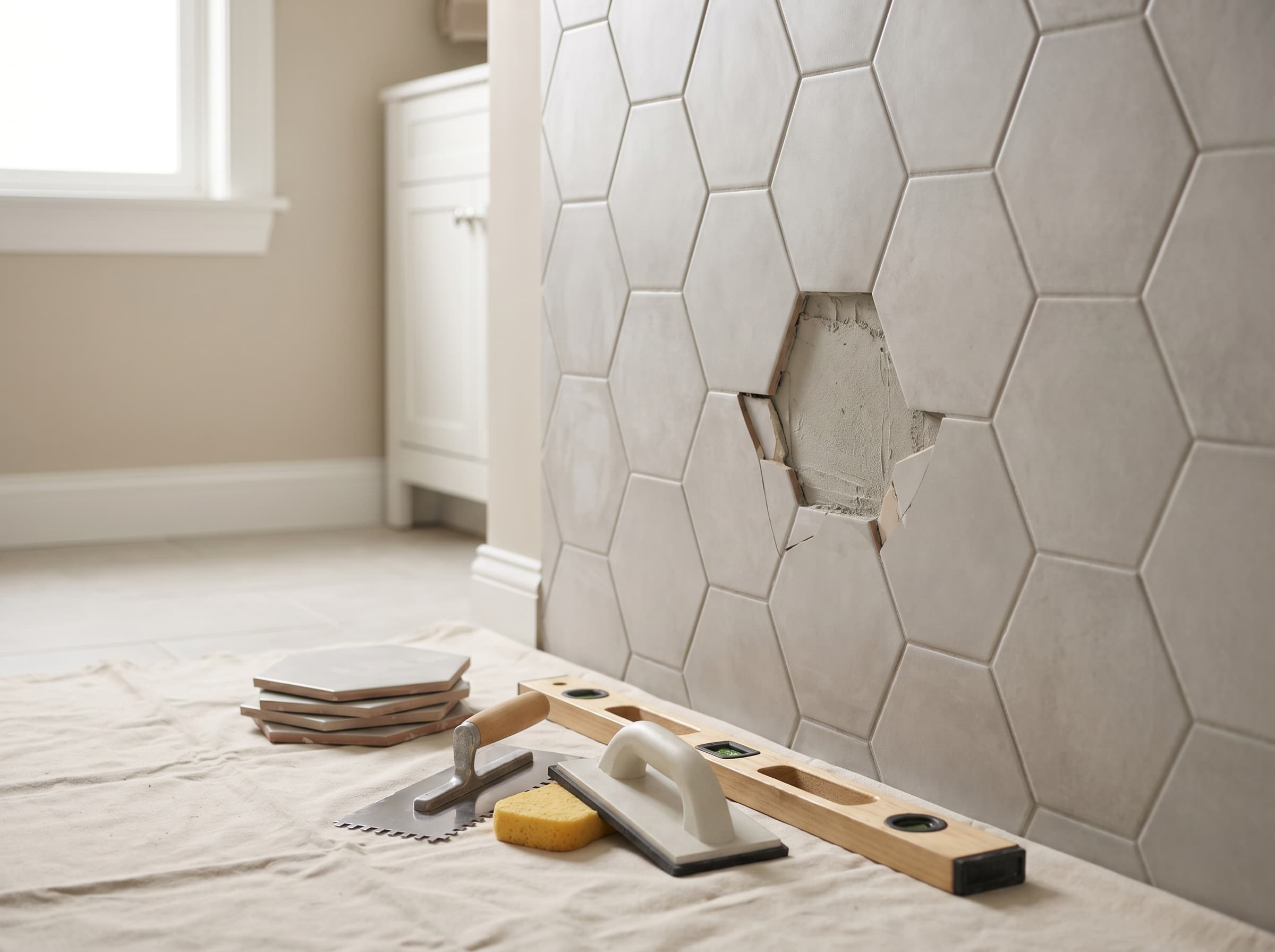 Detailed tile repair scene with matching tile and clean finish